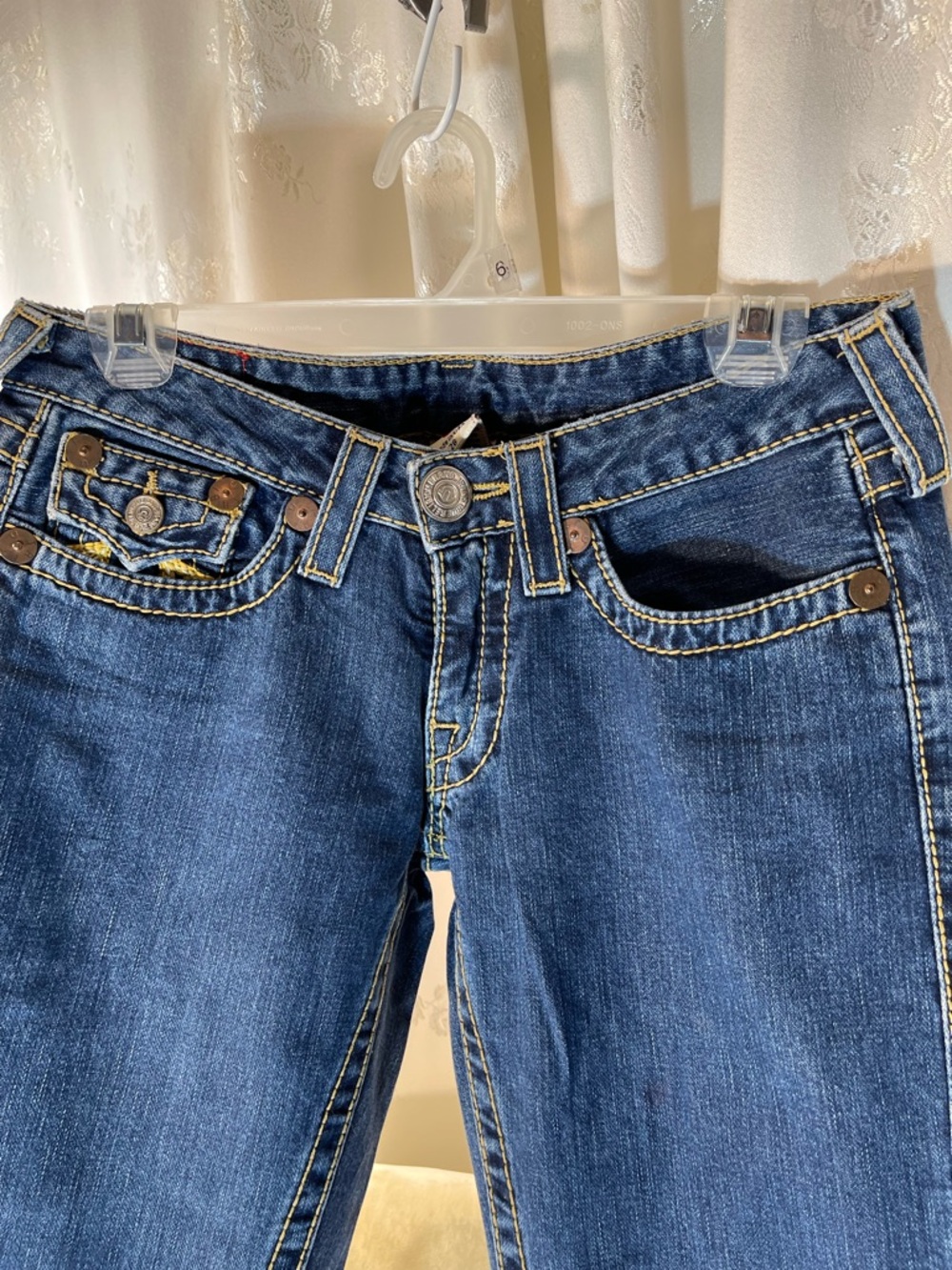 True Religion Women's Boot Cut Jeans in Dark Blue with Contrast Stitching